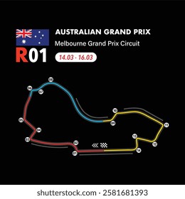 Melbourne Circuit 2025 map, vector isolated illustration for racing calendar, ready to print