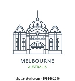 Melbourne city, Australia. Line icon of the famous and largest city in Victoria. Outline icon for web, mobile, and infographics. Landmark and famous building. Vector illustration, white isolated. 