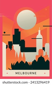 Melbourne city brutalism poster with abstract skyline, cityscape retro vector illustration. Australia travel front cover, brochure, flyer, leaflet, business presentation template image