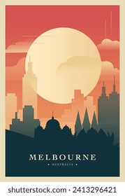 Melbourne city brutalism poster with abstract skyline, cityscape retro vector illustration. Australia travel front cover, brochure, flyer, leaflet, business presentation template image