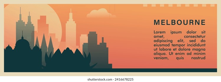 Melbourne city brutalism vector banner with skyline, cityscape. Australia, Victoria state  town retro horizontal illustration, travel layout for web presentation, header, footer