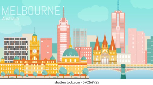 Melbourne city flat vector illustration. Vector landscape on Yarra river bank. Day view with Flinders street station, St Paul's Cathedral, Princes Bridge. Travel picture. Poster ad design.