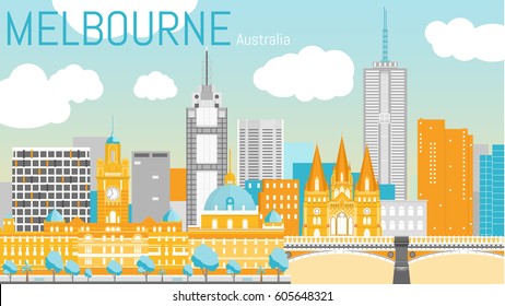 Melbourne city flat vector illustration. Vector landscape on Yarra river bank with Flinders street station, St Paul's Cathedral, Princes Bridge. Travel picture. Poster ad design. Post card template.