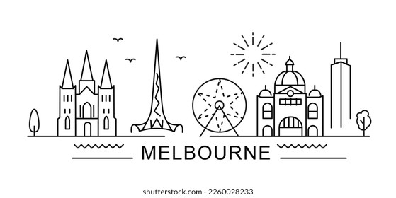 Vista de la línea de la ciudad de Melbourne. Diseño mínimo de impresión de afiches. Australia