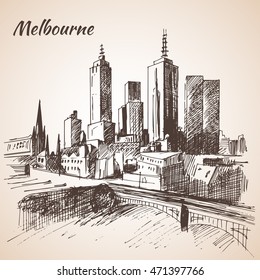 Melbourne City Scape Sketch - Australia. Isolated On White Background