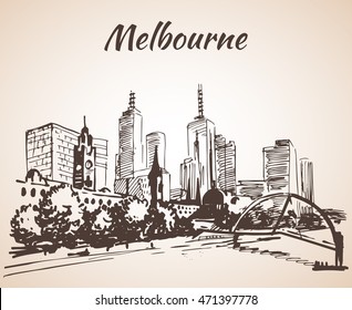 Melbourne City Scape Sketch - Australia. Isolated On White Background