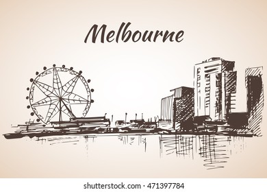 Melbourne City Scape Sketch - Australia. Isolated On White Background