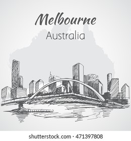 Melbourne City Scape Sketch - Australia. Isolated On White Background