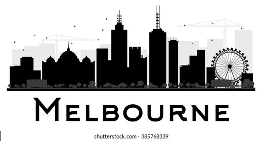 Melbourne City skyline black and white silhouette. Vector illustration. Simple flat concept for tourism presentation, banner, placard or web site. Business travel concept. Cityscape with landmarks