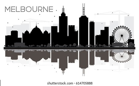 Melbourne City skyline black and white silhouette with reflections. Vector illustration. Simple flat concept for tourism presentation, banner, placard or web site. Cityscape with landmarks