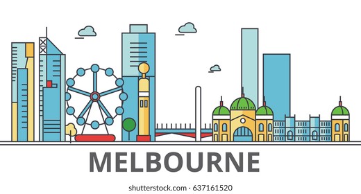 Melbourne City Skyline: Buildings, Streets, Silhouette, Architecture, Landscape, Panorama, Landmarks. Editable Strokes. Flat Design Line Vector Illustration Concept. Isolated Icons On White Background