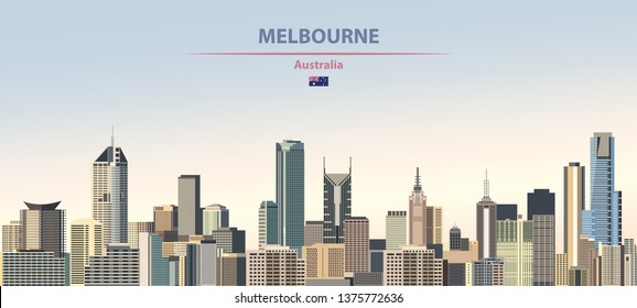 Melbourne City Skyline On Colorful Gradient Beautiful Day Time Background. Vector Illustration