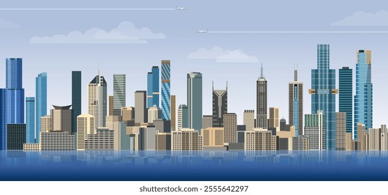 Melbourne city skyline on gradient beautiful day sky background. Vector illustration