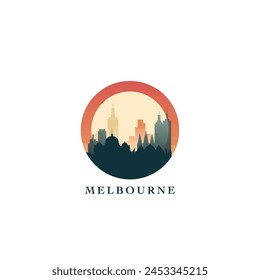 Melbourne cityscape, gradient vector badge, flat skyline logo, icon. Australia city round emblem idea with landmarks and building silhouettes. Isolated graphic