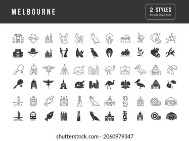 Melbourne. Collection of perfectly simple monochrome icons for web design, app, and the most modern projects. Universal pack of classical signs for category Countries and Cities.