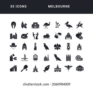 Melbourne. Collection of perfectly simple monochrome icons for web design, app, and the most modern projects. Universal pack of classical signs for category Countries and Cities.