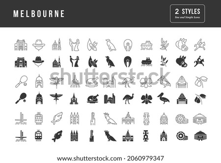 Melbourne. Collection of perfectly simple monochrome icons for web design, app, and the most modern projects. Universal pack of classical signs for category Countries and Cities.