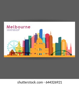 Melbourne colorful architecture vector illustration, skyline city silhouette, skyscraper, flat design.