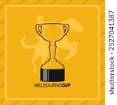 Melbourne Cup Day to celebrate on first Tuesday in November. Illustration of a gold cup with a horse rider in frame on a light orange background. Sport event banner.