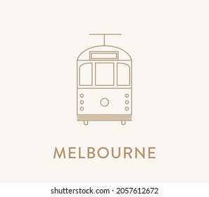Melbourne iconic w-class vintage tram icon, line art style.