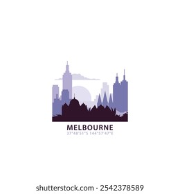 Logotipo de Melbourne com skyline, ícone do vetor retro da paisagem urbana. Austrália cidade horizonte, fachada, viagem logotipo