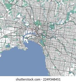 Melbourne map. Detailed map of Melbourne city administrative area. Cityscape panorama. Royalty free vector illustration. Outline map with highways, streets, rivers. Tourist decorative street map.