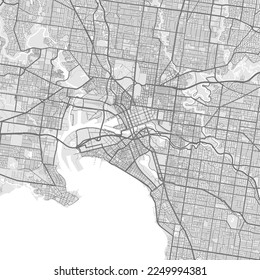 Mapa de Melbourne. Mapa vectorial detallado del área administrativa de la ciudad de Melbourne. Vista de la aria metropolitana de Cityscape poster. Tierra oscura con calles blancas, caminos y avenidas. Fondo blanco.