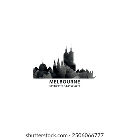 Melbourne panorama, vector badge, skyline logo and icon. Australia city horizon logotype with landmarks and building silhouettes. Isolated foggy abstract gradient graphic