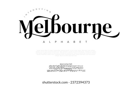 Melbourne premium luxury elegant alphabet letters and numbers. Elegant wedding typography classic serif font decorative vintage retro. Creative vector illustration