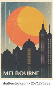 Melbourne retro city poster with abstract shapes of skyline, buildings. Australia vintage travel vector illustration, cityscape at sunrise, sunset