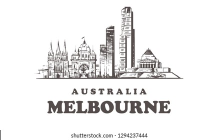 Melbourne sketch skyline, Melbourne hand drawn  vector illustration buildings. Isolated on white background.