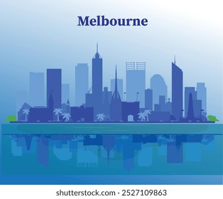 Melbourne Skyline with Buildings, Blue Sky and Reflections.