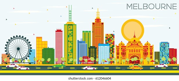 Melbourne Skyline with Color Buildings and Blue Sky. Vector Illustration. Business Travel and Tourism Concept with Modern Architecture. Image for Presentation Banner Placard and Web Site.