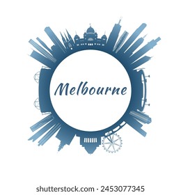 Melbourne skyline with colorful buildings. Circular style. Stock vector illustration.