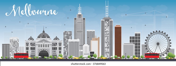 Melbourne Skyline with Gray Buildings and Blue Sky. Vector Illustration. Business Travel and Tourism Concept with Modern Buildings. Image for Presentation Banner Placard and Web Site.