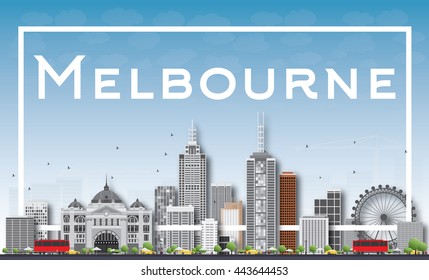 Melbourne Skyline with Gray Buildings and White Frame. Vector Illustration. Business Travel and Tourism Concept with Modern Buildings. Image for Presentation Banner Placard and Web Site.