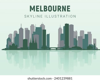 Melbourne skyline. Melbourne landmarks silhouette, light green tone gradient design, vector illustration. Melbourne skyline horizontal banner. skyline in flat style. Vector template for your design. 