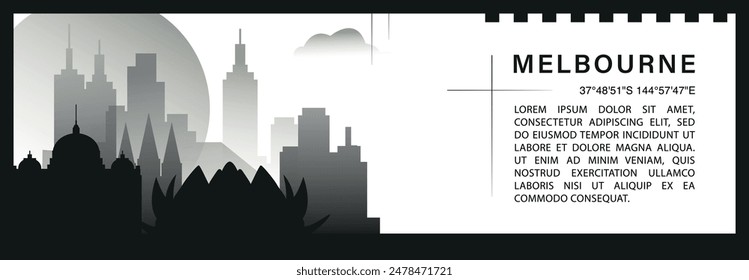 Melbourne skyline vector banner, black and white minimalistic cityscape silhouette. Australia city horizontal graphic, travel infographic, monochrome layout for website