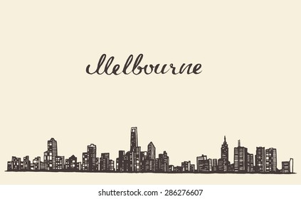 Melbourne skyline, vintage vector engraved illustration, hand drawn, sketch