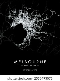 Melbourne vector map in black. Detailed map of Melbourne in Australia. Best free vector illustration. Tourist decorative street map.