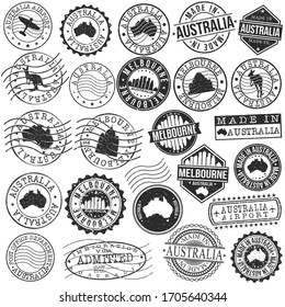 Melbourne VIC, Australia Set of Stamp. Vector Art Postal Passport Travel Design. Travel and Business Seals.