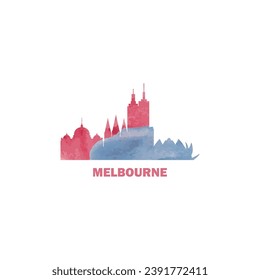 Melbourne watercolor cityscape skyline city panorama vector flat modern logo, icon. Australia, Victoria state emblem concept with landmarks and building silhouettes. Isolated graphic