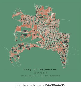 Melbourne,Australia,city centre,Urban detail Streets Roads color Map  ,vector element template image for marketing ,product ,wall art and poster prints.