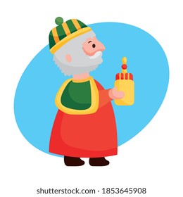 melchior wise men with elegant suit and present for baby jesus. vector cartoon