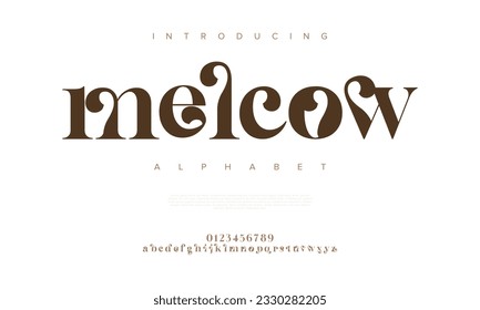 Melcow premium luxury elegant alphabet letters and numbers. Elegant wedding typography classic serif font decorative vintage retro. Creative vector illustration