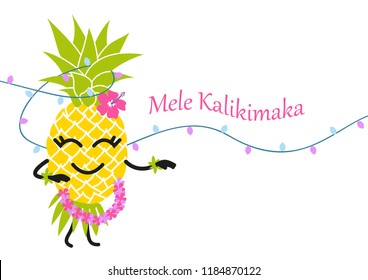 Mele Kalikimaka Happy New Year Christmas in Hawaiian, Xmas greeting card with cartoon pineapple dancing hula hawaiian dance