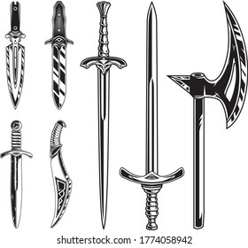 Melee Weapon Vector Pack. Isolated Sword, Dagger, And Axe Set.