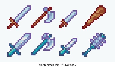 Pixelart-Set mit einfachen Waffen. Stahlschwert, Club, Dagger und Axt Kollektion. 8-Bit-Sprite. Spielentwicklung, mobile App.  Einzige Vektorgrafik.