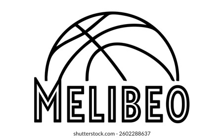 Melibeo  - first name written in sport style and stylized basketball sketch; black color; vector graphics for banners, cards, sweatshirts, prints, cricut, silhouette, sublimation