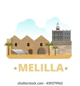 Melilla country magnet design template. Flat cartoon style historic showplace web site vector illustration. World vacation travel sightseeing Africa African collection. Almacenes de Las Penuelas Faro.